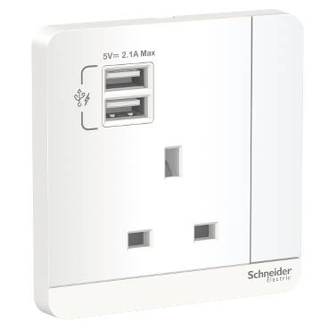 Schneider Electric AvatarOn, 2 USB charger + switched socket, 3P, 13A, White - 1