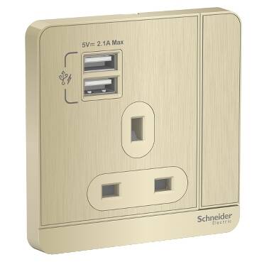 Schneider Electric AvatarOn Metal Gold Hairline, Switch Socket + 2 USB Chargers, E8315USB_GH_G12 (3P, 13A, 250 V) - 1