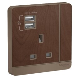 Schneider Electric AvatarOn Wood, Switched Socket + 2 USB Chargers, E8315USB_WD_G12 (3P, 13A, 250 V) - Schneider Electric