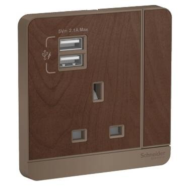 Schneider Electric AvatarOn Wood, Switched Socket + 2 USB Chargers, E8315USB_WD_G12 (3P, 13A, 250 V) - 1